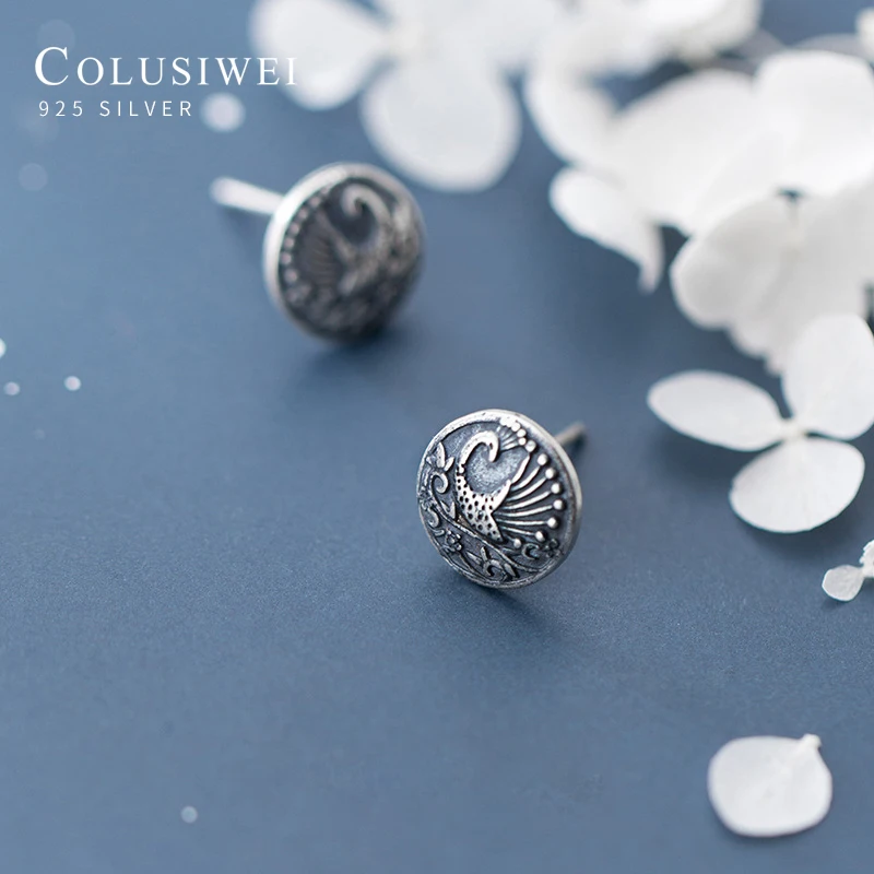 

Colusiwei Fashion 925 Sterling Silver Retro Phoenix Bird Pattern Round Stud Earring for Women Lovely Animal Ear Pin Fine Jewelry