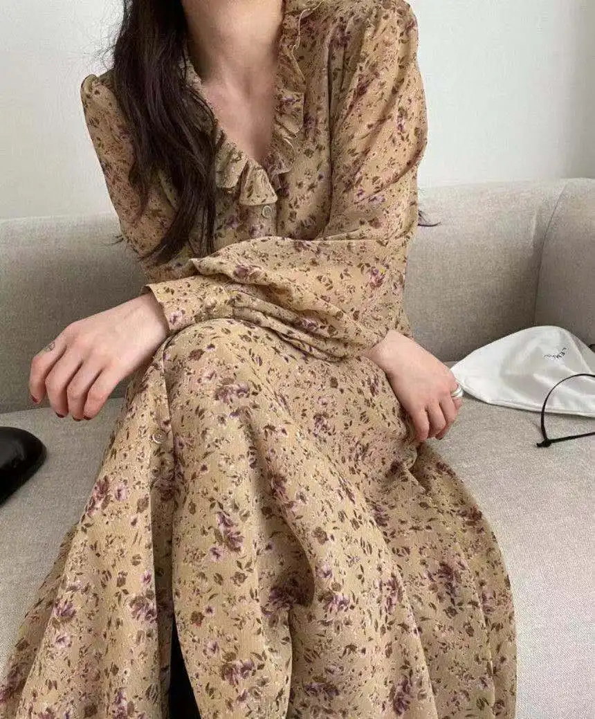 

2021Spring Summer Flower Printed Long Shirt Dress for Women Turn Down Collar Long Sleeve Ladies A-line Party Dress