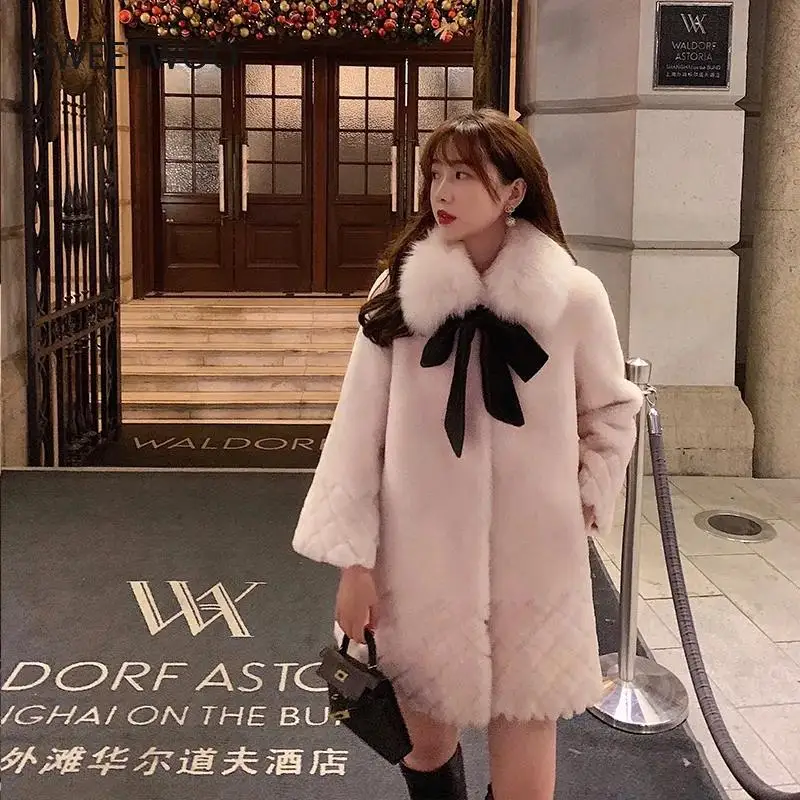 Women Winter Thick Warm Solid Rhombus Pattern Jacket Female Elegant Bow Faux Fur Coats Lady Single Breasted Outerwear 2022