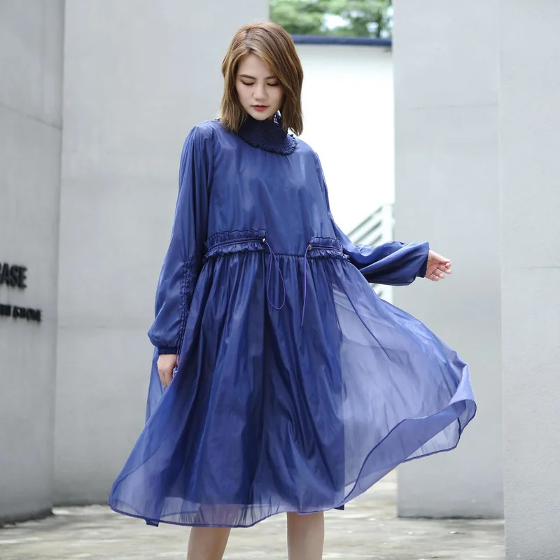 Женское платье LANMREM синее с высоким воротником и длинным рукавом деревянными