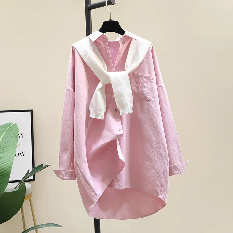 

SuperAen Pink Long Shirt Women's 2021 Spring Autumn New Solid Turn Down Collar Blouse Thin Coat