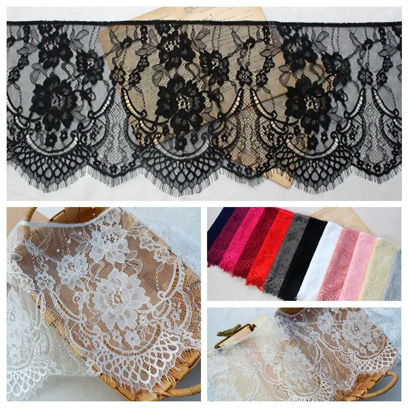 

27cm wide, 9 meters/lot dyed eyelash lace trim, 12 colors in stock, Pink, Red, Wine, Purple, Grey, Beige, Navy, Off white laces