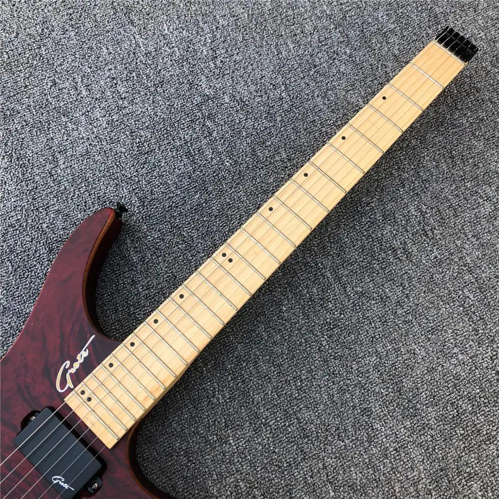 

Grote Wine Red Headless Electric Guitar,24 Frets No Headstock Satin Finish Solid Guitar,Balck Hardware