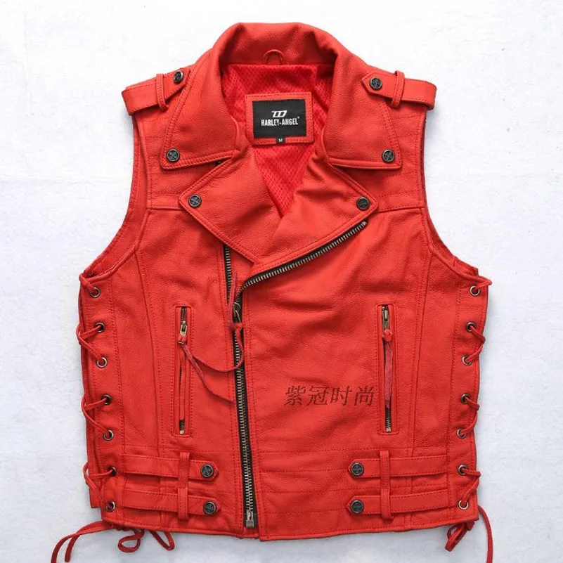 Натуральная мужская мода красная Регулируемая Талия приталенная кожаная куртка