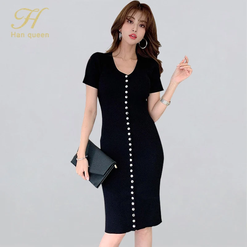 Простые однобортные тянущиеся трикотажные платья H Han Queen осеннее платье с