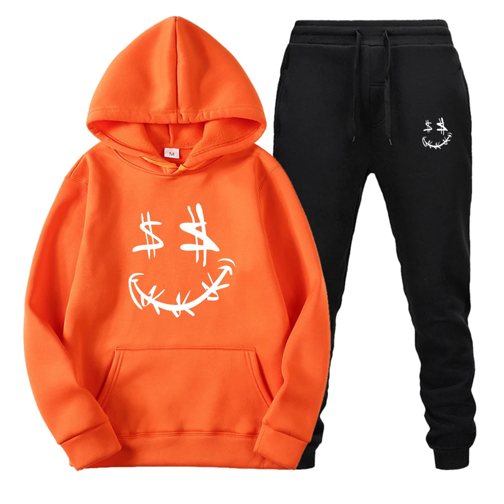

Men Clothing Sets Harajuku Plus Size Clothing Weatpants White money Smiling Face Printing Tops Graphic Hoodies New Sports Style