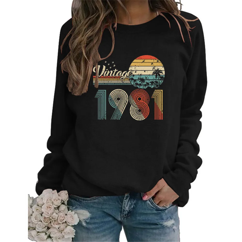 

Vintage 1981 Sweatshirts for Women 40th Birthday Gift Crewneck Pullover Causal Tops 2021 Harajuku Hoodies Female Sweatshirts