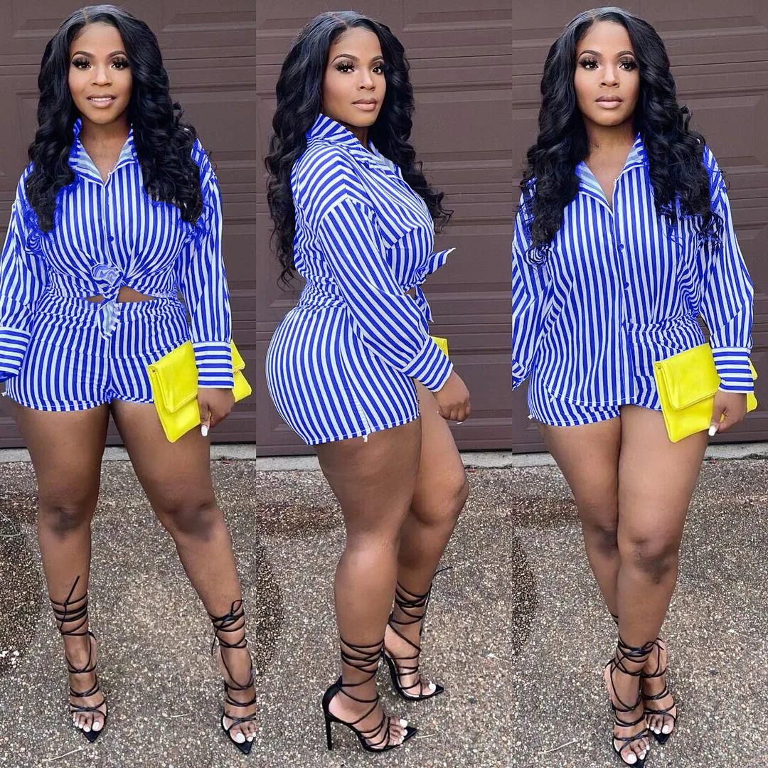 2022 Summer Women Striped Two Piece Set Shirt And Short Pants Tracksuit Streetwear Clothes For Women Outfit