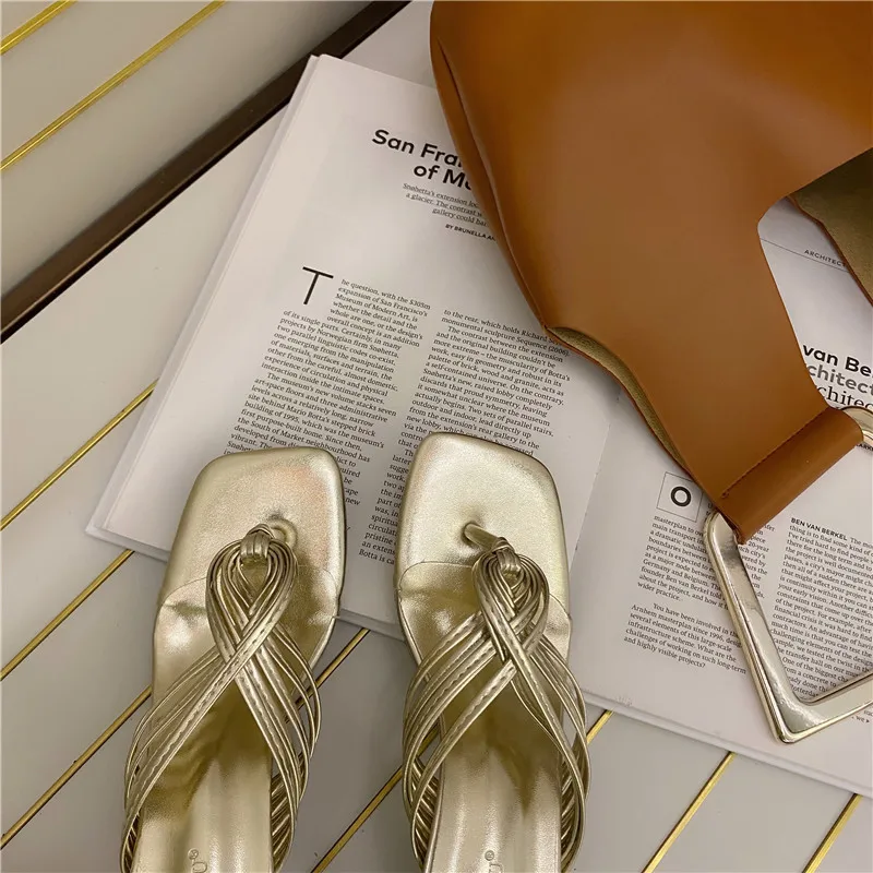 

High-Heeled Shoes Lady Woman's Slippers Rubber Flip Flops Slides Cross-Tied 2021 Hawaiian Summer Glitter PU Fretwork Basic Fabri