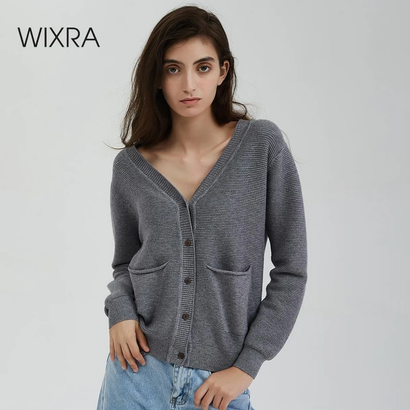 Женский кардиган с длинным рукавом Wixra повседневный вязаный однотонный v