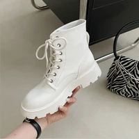 handmade autumn new solid color bandage round head lace up patent leather thick bottom short boots womens flat bottom short bo