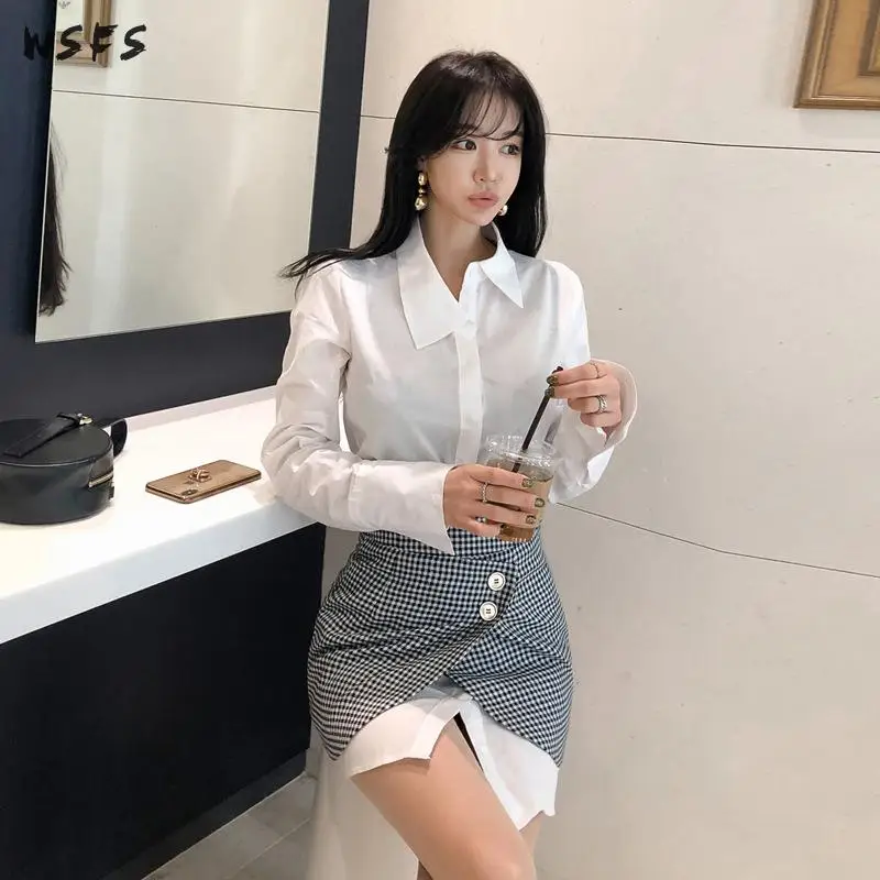 

2 Piece Set Autumn Women Dress White Shirt Long Tops Blouses Sexy Dresses Black Plaid Wrap Skirt Bodycon Bandage Lady Dress Suit