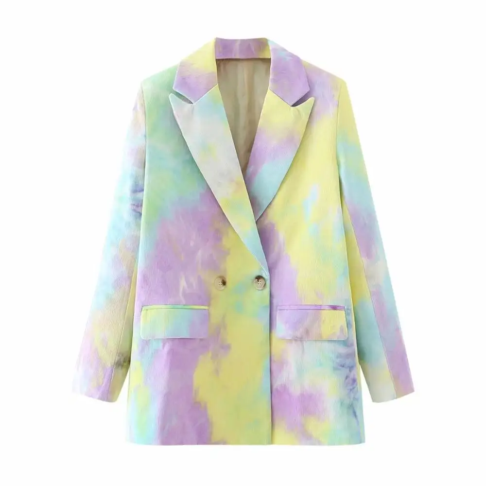 

XNWMNZ za Women Tie-dye Hit Color Double Breasted Blazer New Lapel Long Sleeve Loose Jacket Fashion Tide Spring Autumn 2020