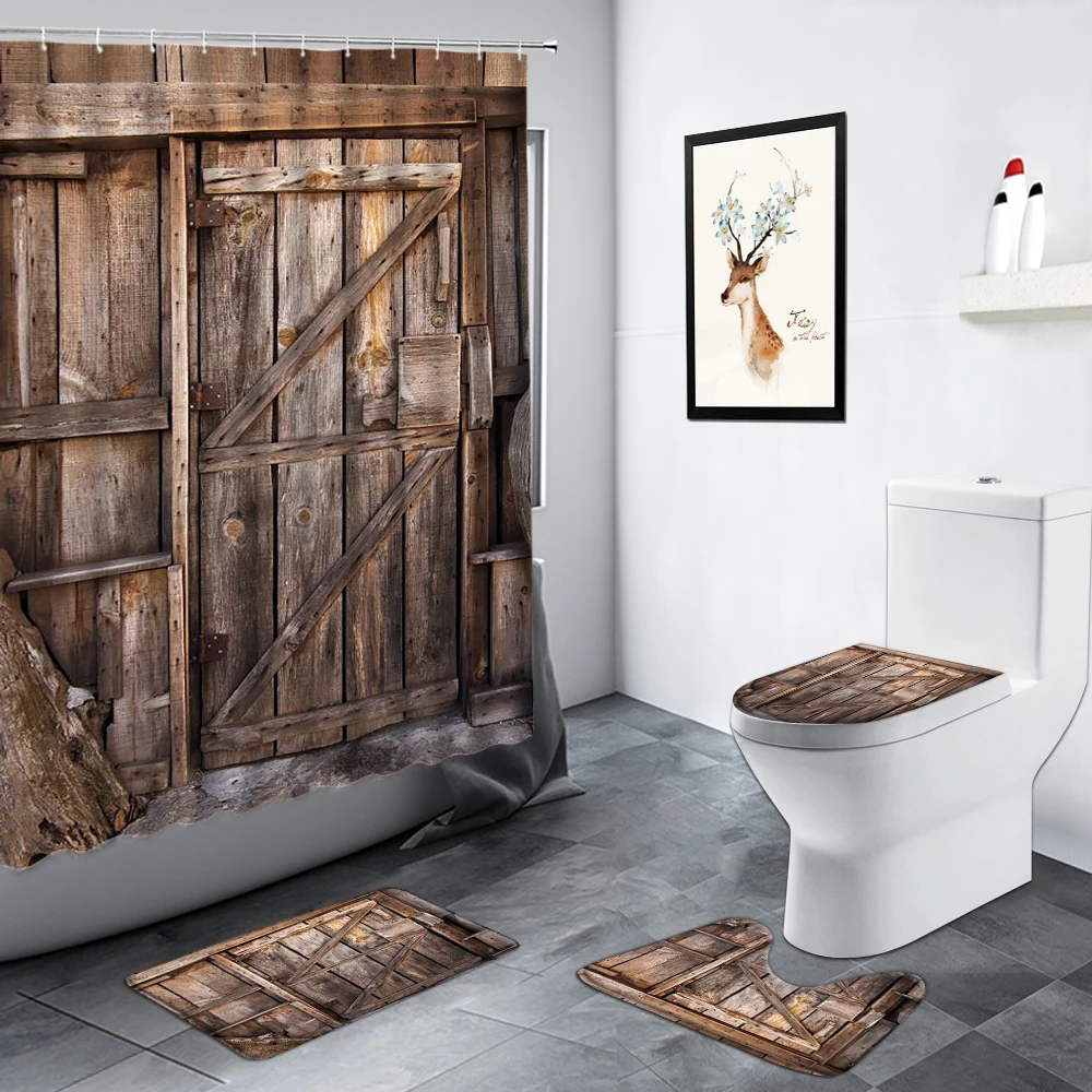 

Vintage Gray Old Wooden Door Shower Curtains Bathroom Carpet Set Creative Retro Design Decor Non-slip Rug Toilet Cover Bath Mats