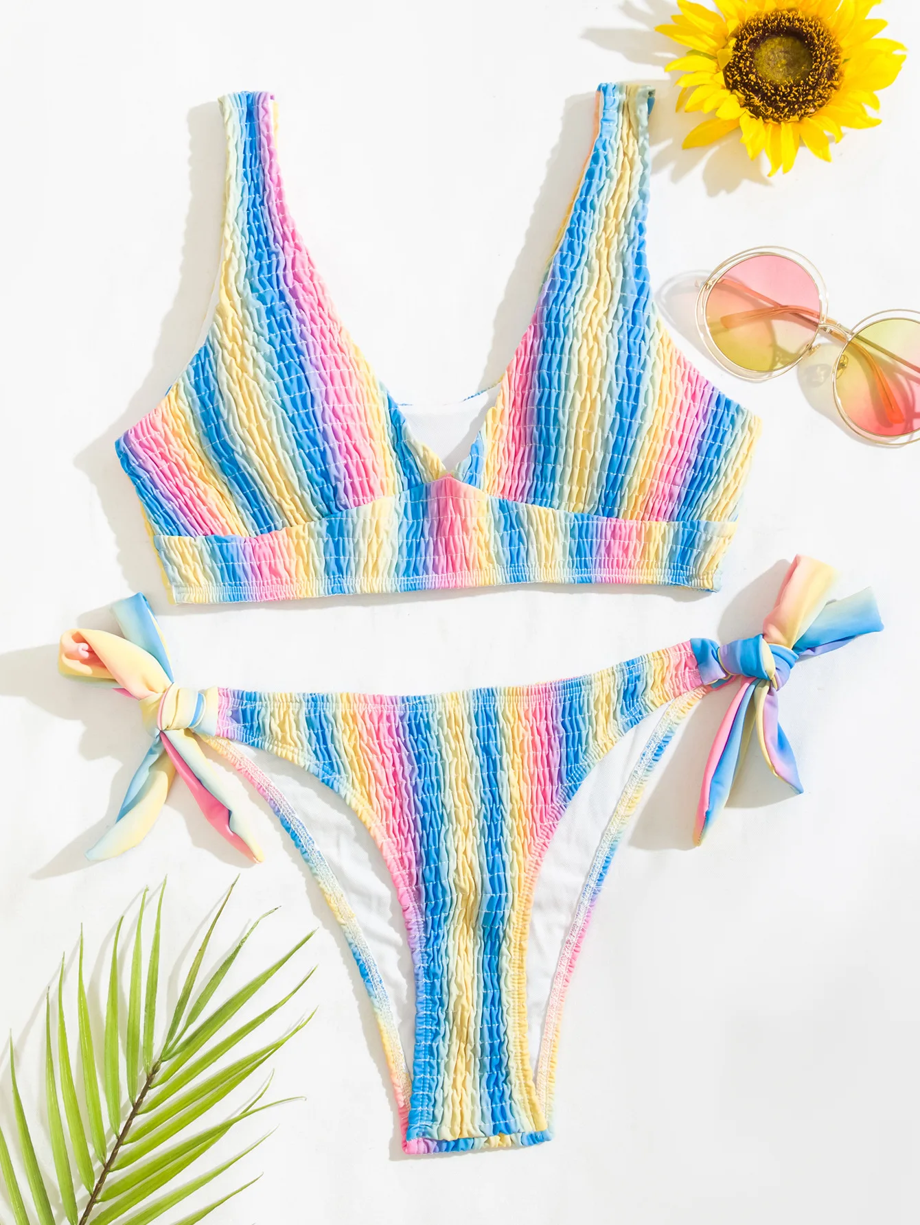 Сексуальный бикини в полоску Для женщин розовый градиент плиссированные