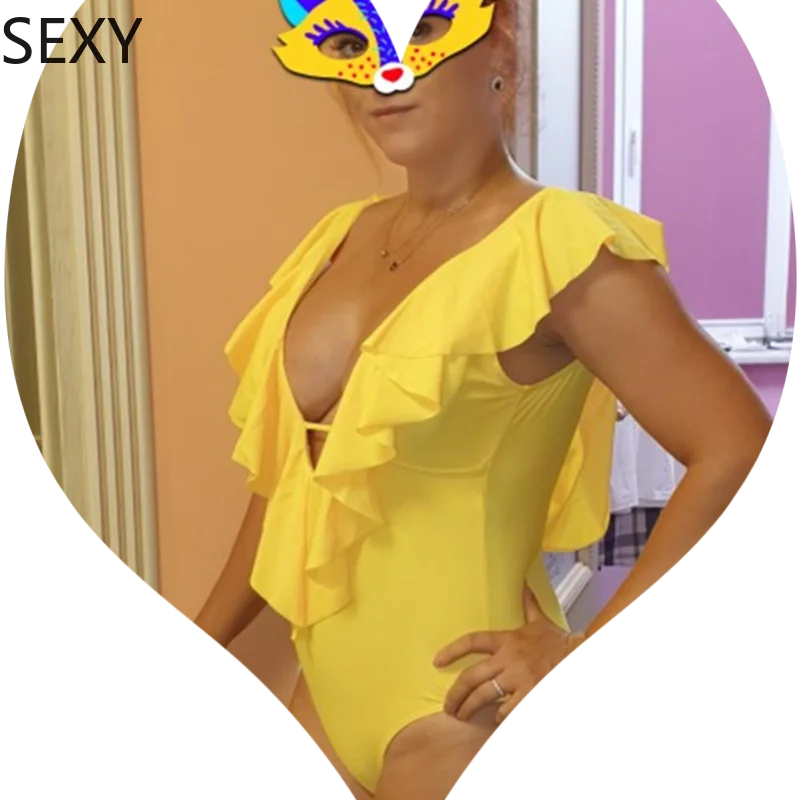 

SEXY Deep-V Bikini One Piece Swimsuit Female Women Vintage Retro Bathing Suit Shoulder Ruffle Swimwear Backless Monokini