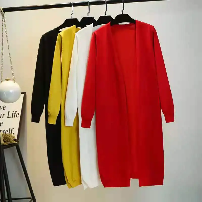 

Женский длинный кардиган, свободный однотонный вязаный свитер большого размера на весну и осень, 2022