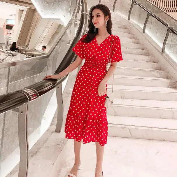 Женское шифоновое платье в горошек Элегантное летнее миди с v образным вырезом и