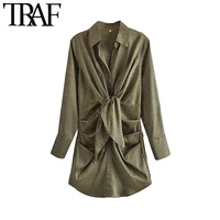 traf women chic fashion with bow tied jacquard soft touch mini dress vintage long sleeve button up female dresses vestidos