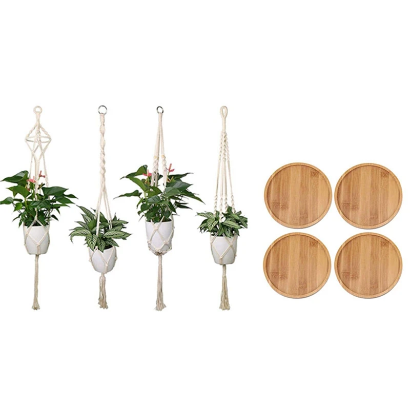 

Promotion! 4Pcs Plant Hanger Handmade Woven Cotton Plant Holder Planter Basket & 4 Pcs Plants Saucer Plant Pot Tray
