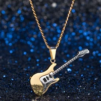 factory whole sale hippie rock style cool street bar guitar pendant necklaces for men male stainless steel musical neck jewelry