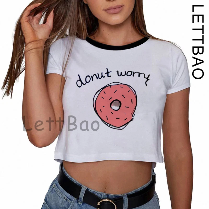 

90s Korean Style Aesthetic Women T-shirt Pink Donuts Printed Cute Fashion Cropped Tumblr Tee Tops Casual Hipster Clothing Girls