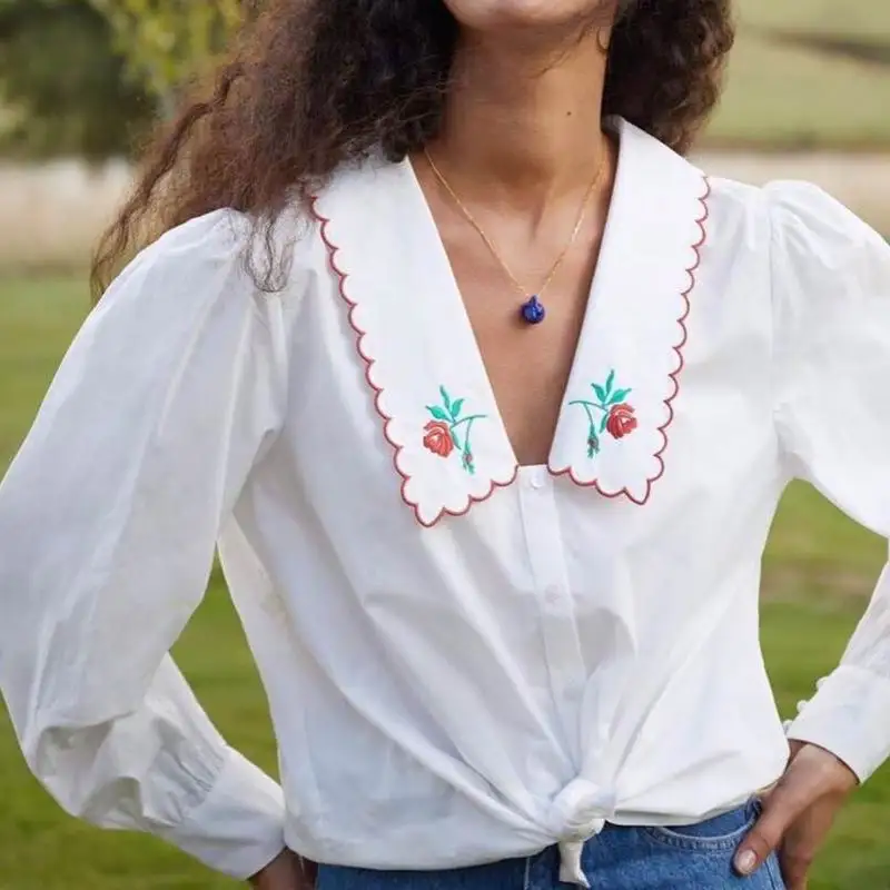 

Chic Women White Shirt Spring 2021 New Fashion Floral Embroidery Collar Full Sleeve Preppy Girl Blouse