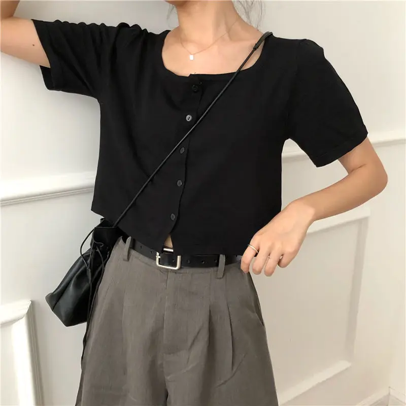 

Women Short Sleeve T-shirts Solid Crop Tops Fashion Square Collar Button Up Summer Casual Top Korean Style Ulzzang Tees Chic New
