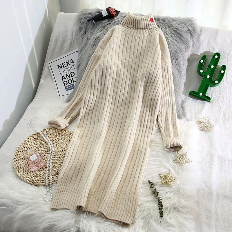 Водолазка вязаные женские платья однотонные свободные до колена утепленные