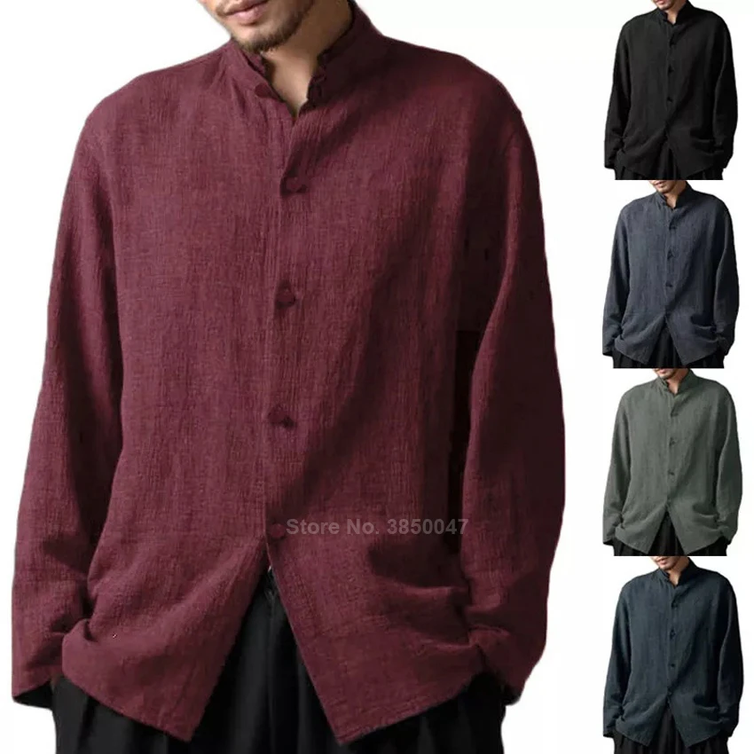 

2021 Long Sleeve Cotton Men's Tang Suit Shirt Traditional Chinese Costume Casual Male Solid Color New Year Jacket Clothing S-5XL