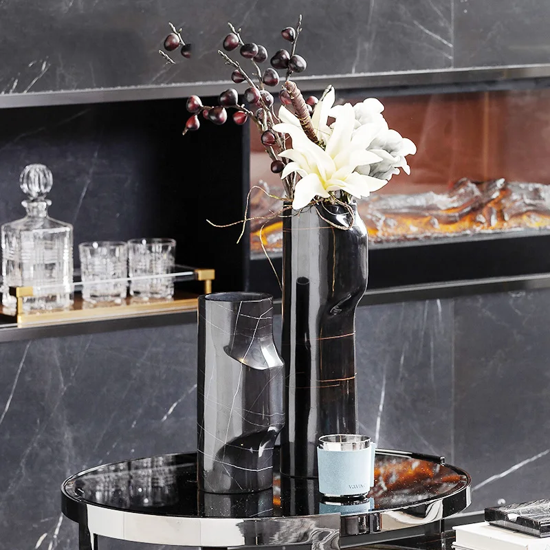 

Light Luxury Shaped Cylinder Black Gold Marble Vase For Home Porch Hotel Office Dining Table Living Room Decoration Accessories
