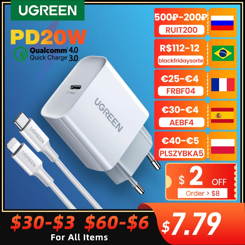 Устройство для быстрой зарядки Ugreen 4,0 3,0 QC PD, зарядное устройство 20 Вт QC4.0 QC3.0 USB Type C, быстрое зарядное устройство для iPhone 12 X Xs 8 Xiaomi, зарядн…