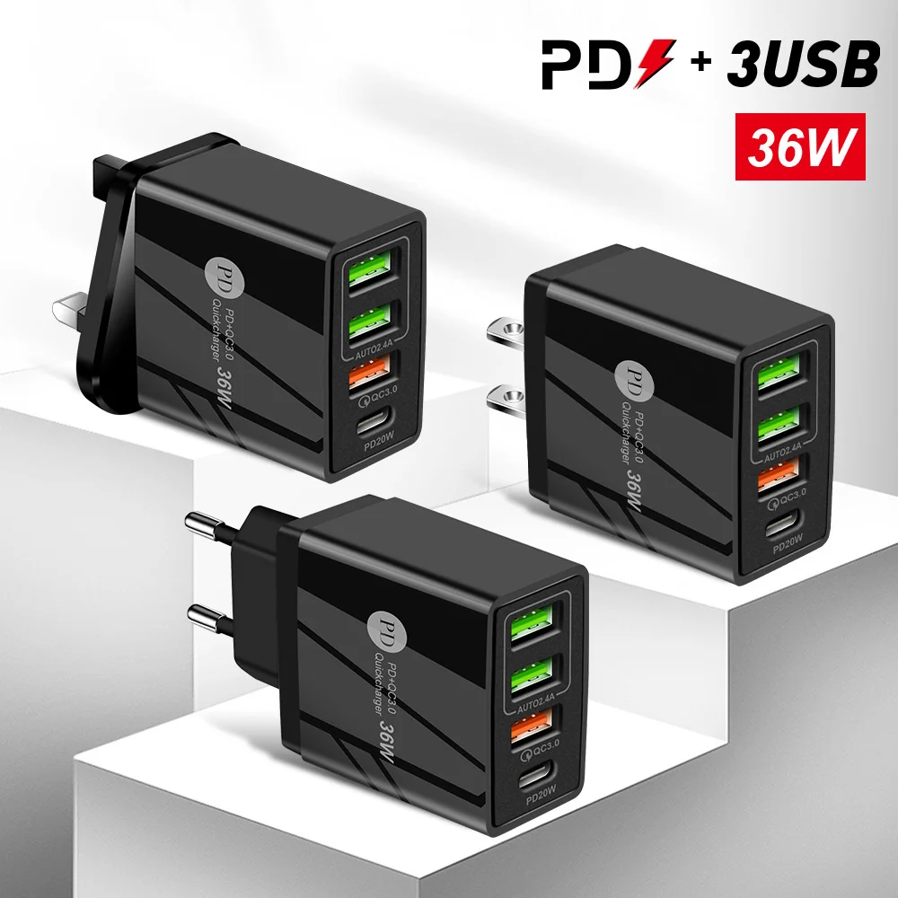 

New 3usb + PD high power 36W fast charging head European standard PD multi port charger qc3.0 charging head