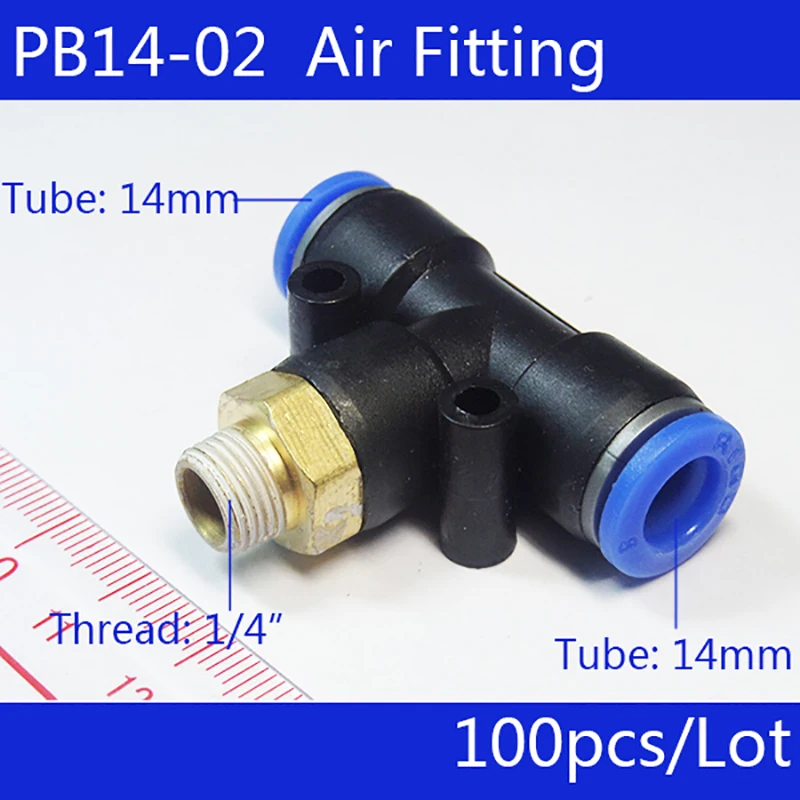 

Free shipping HIGH QUALITY 100Pcs PB14-02, Pneumatic 1/4" Male Thread 14mm Push In Quick Fittings T Connectors