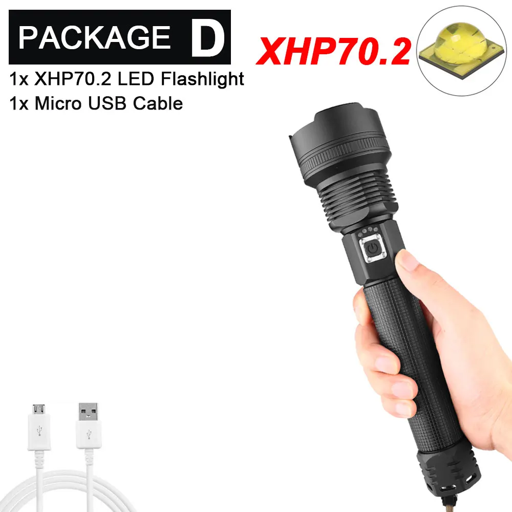 Package D-XHP70.2 Мощный светодиодный фонарик с XHP 70,2, лампа с бусинами, масштабируемый, 3 режима освещения, светодиодный фонарь, USB Перезаряжаемый, для кемпинга, охоты, лампа - Испускаемый цвет: Package D-XHP70.2