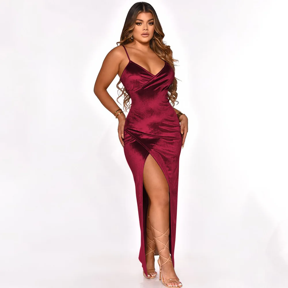 

Elegant Solid Spaghetti Strap Long Party Dress Women Cleavage Side High Split Bandage Dresses Classic Backless Velvet Vestido
