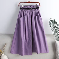 2021 new autumn solid simple casual skirts pockets sashes mid calf slim office lady work skirts elastic waist pleated ropa mujer