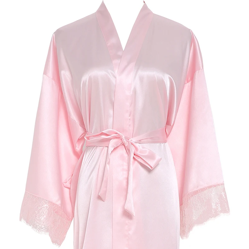 Silk Satin Robe Bridesmaid Robes Lace Robe Long Sleeve Bridal Wedding Robe Sleepwear Bathrobe Long Gowns for Women Pink