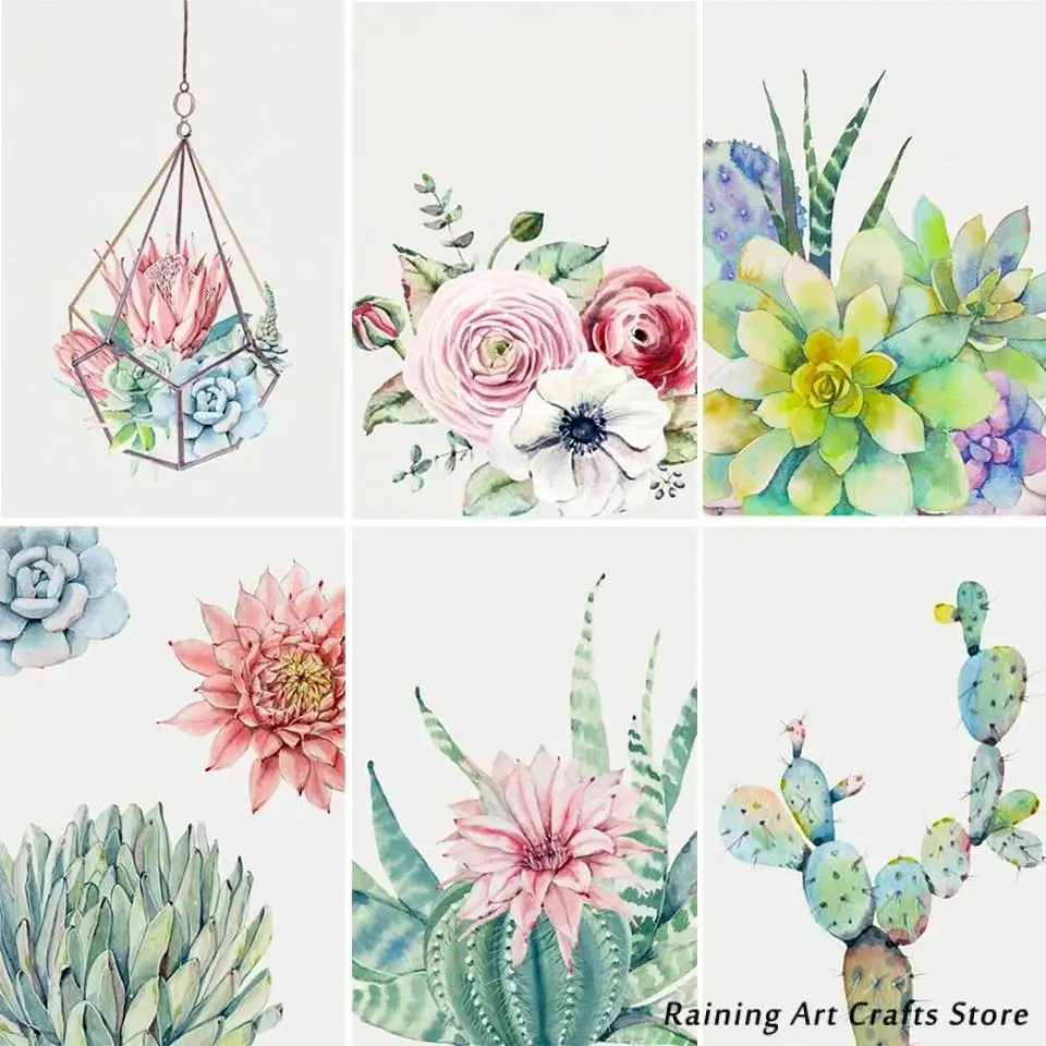 

5D «сделай сам», алмазная живопись, акварель, суккуленты, вышивка, полностью круглая, квадратная, Набор для вышивки крестиком, мозаичные карт...