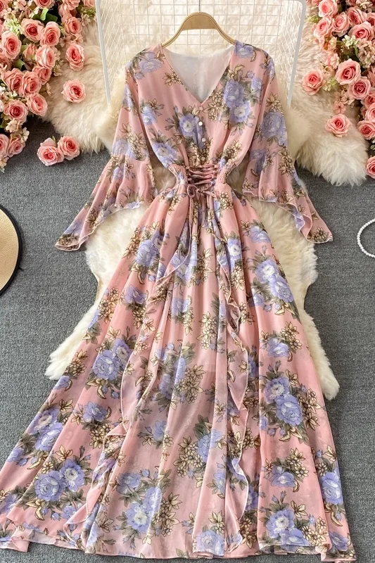 

Women's Fashion V-neck Floral Chiffon Dress Trumpet Sleeve Summer New Seaside Holiday Beach Dress Waist Tuck Flower Long Dresses