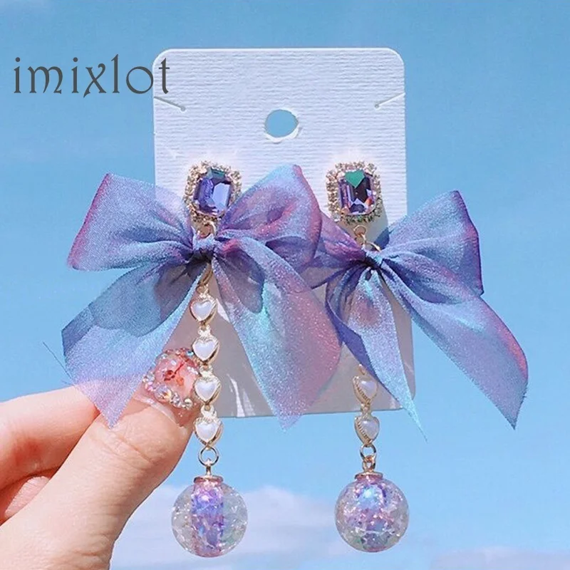 Корейские милые длинные висячие серьги фиолетового цвета из пряжи с бантом в