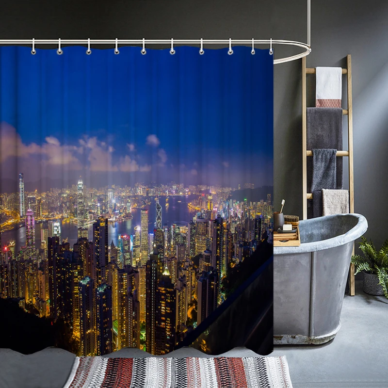 

City Night View Scenery Shower Curtains Bath Curtains Waterproof Bathroom Decor With Hooks 3d Printing Decoration Bath Curtain