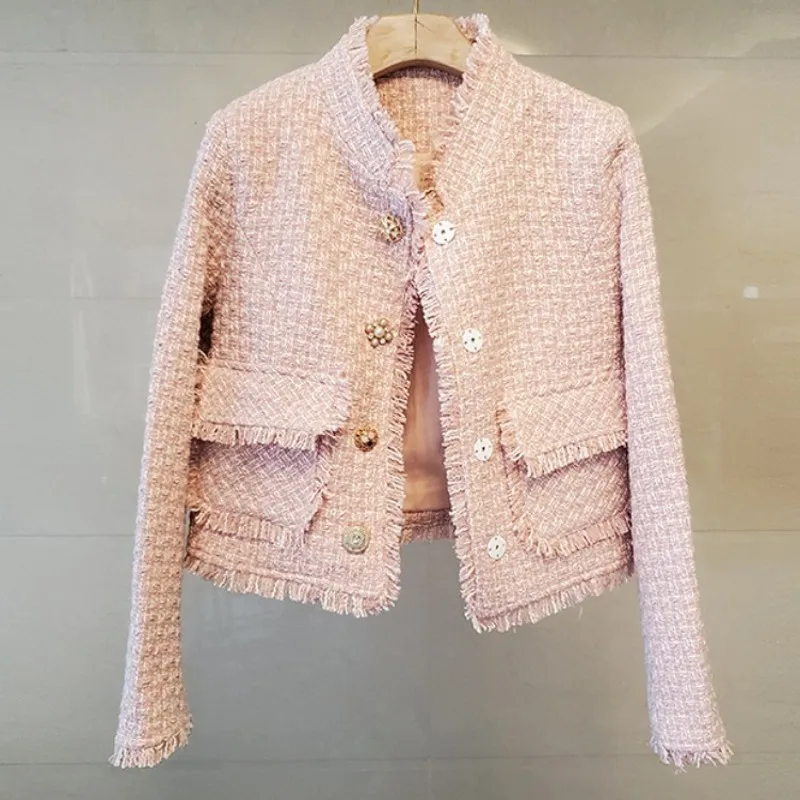 

New Arrival Runway Spring High Quality Sweet Pink Beading Jacket Coat Elegant Women's Lovely Woolen Luxury Outwear