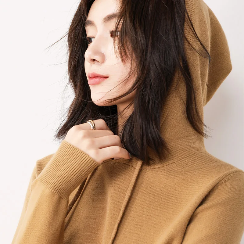 

Spring and Autumn Knitwear Women's Mid-length Sweater Dress Loose Hooded Pullover Over the Knee Knit Base Fashion