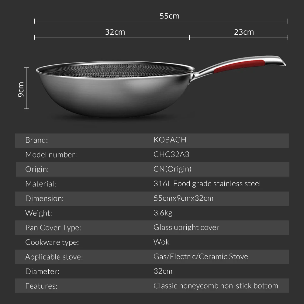 KOBACH-wok antiadherente de acero inoxidable 316L, utensilios de cocina antiadherente, fondo antiadherente, 32cm-4
