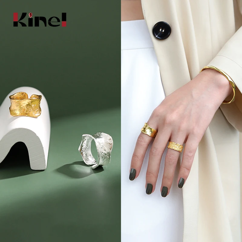

Kinel 925 Sterling Silver Irregular Wide Rings 14K Gold Jewelry High Quality Texture Woman Ring Silver Bijoux Gift