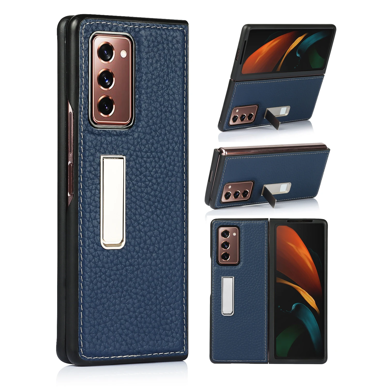 

For Samsung Galaxy Z Fold 2 5G Cover w/ Holder Classic Lychee Pattern Genuine Leather Magnetic Flip Phone Case Z Fold 2 5G