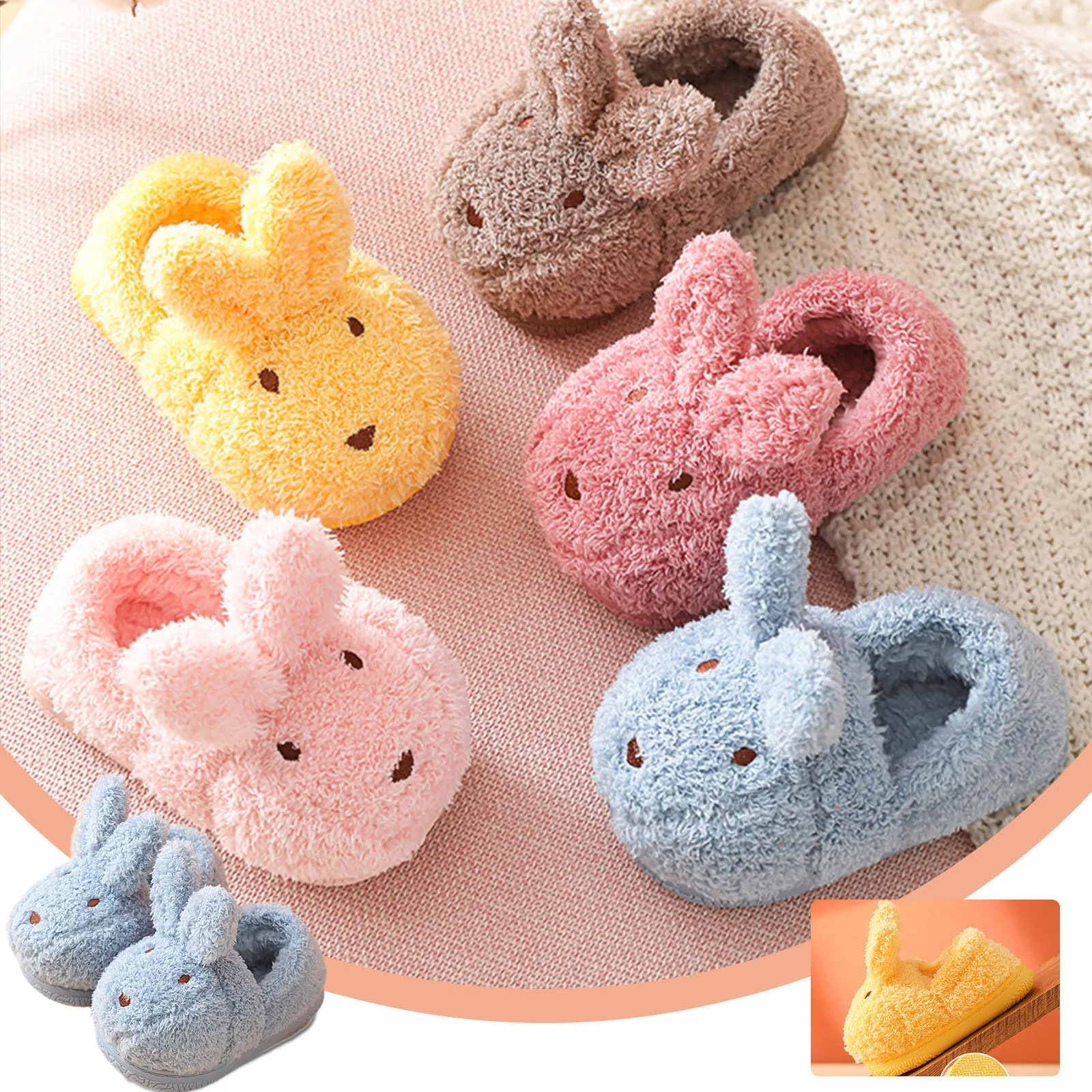 

Зимние теплые домашние детские хлопковые тапочки с милым рисунком кролика, детские домашние тапочки с мягкой подошвой и плоской подошвой б...