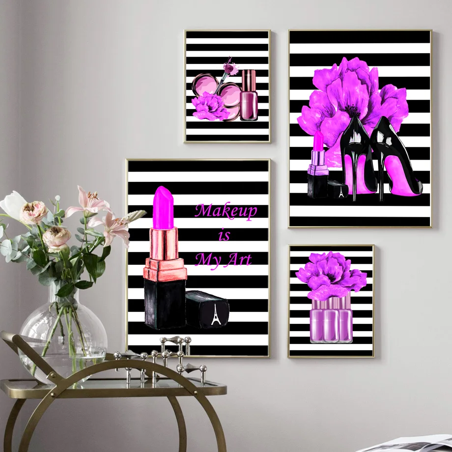 

Purple Flower Lipstick Nail Polish Makeup Wall Art Canvas Painting Nordic Posters And Prints Wall Pictures For Living Room Decor