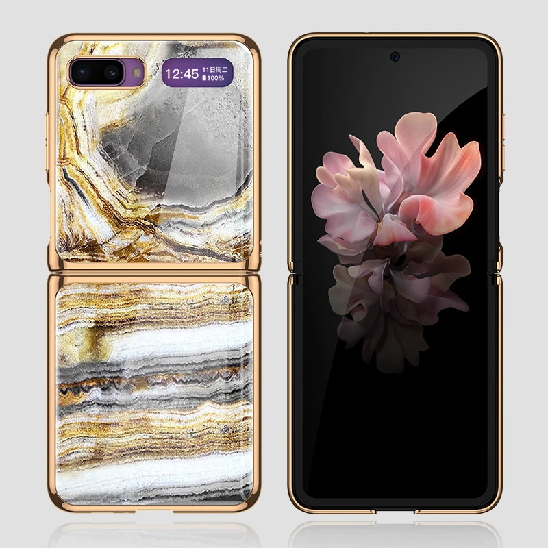 

For Samsung Galaxy Z Flip Case Marble Tempered Glass Hard Phone Cover for Samsung Galaxy Z Flip 5G Luxury Plating Frame